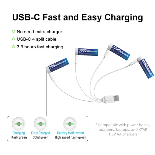 XTAR 4 pilas recargables AA 1,5V 3000mAh USB-C
