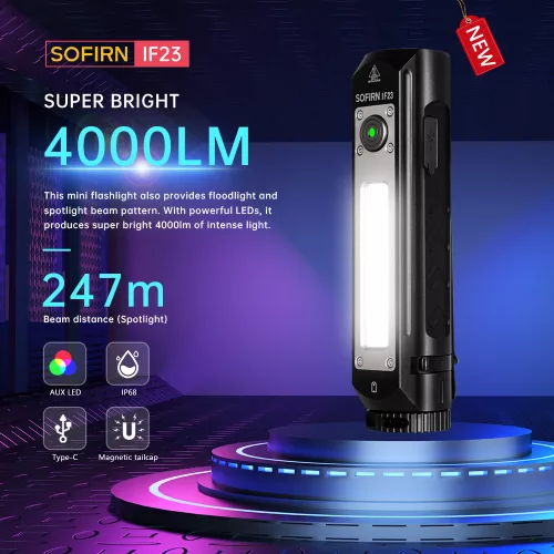 Sofirn IF23 linterna 4000lm potente luz LED XHP50B 21700 tipo C recargable, reflector de inundación y haz de luz RGB foco
