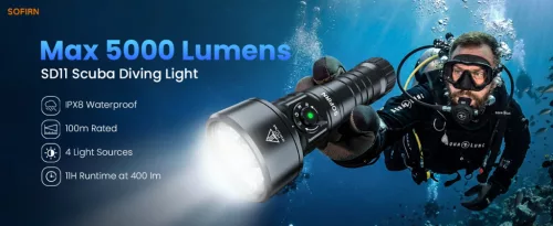 Linterna de buceo Sofirn SD11, 5000LM, CRI 90, linterna impermeable recargable con luz roja de 660NM, 3000K-6500K, USB-C, IPX8, con montura de 1/4", cordón, para fotografía submarina, pesca, trabajos acuáticos