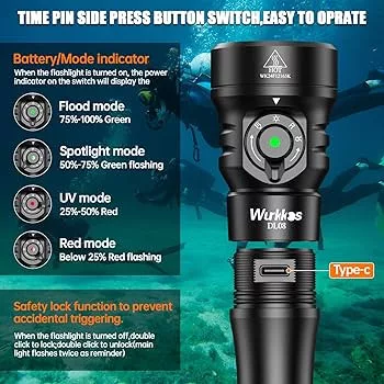 Wurkkos DL08 3600lm Luz de Buceo Recargable con Interruptor Magnético Rotatorio 6500K Linterna Submarina IP68