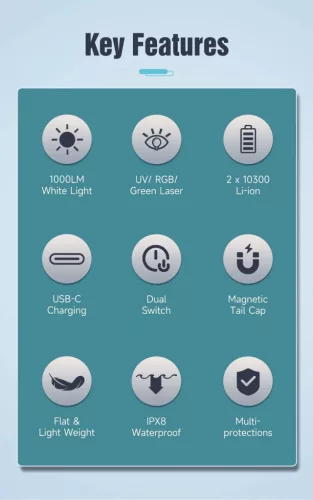 Linterna 4-en-1 Lumintop F02 con 1000 lúmenes, UV 365nm, luz RGB y láser verde